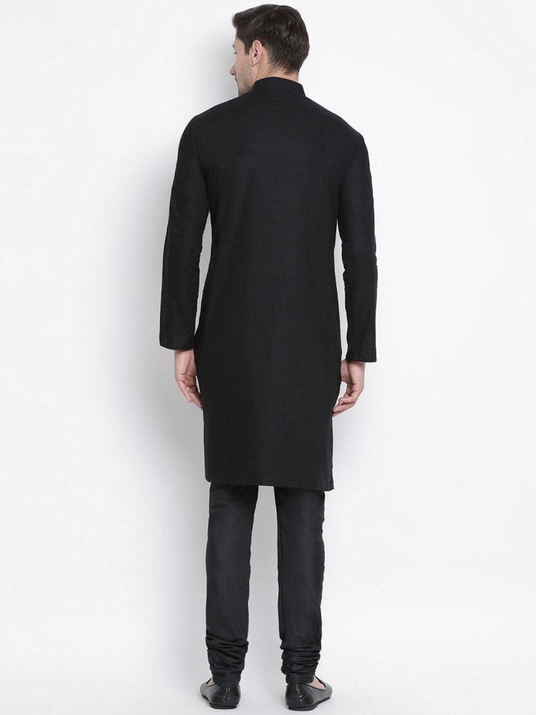 Men's Black Cotton Linen Blend Kurta and Pyjama Set