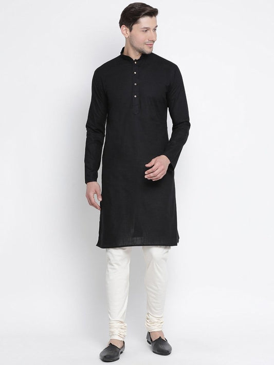 Men's Black Cotton Linen Blend Kurta and Pyjama Set