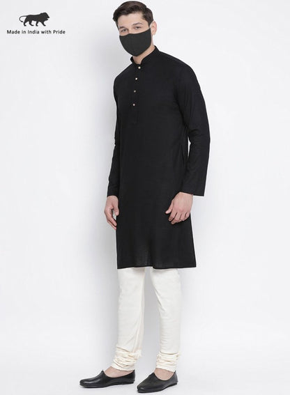 Men's Black Cotton Linen Blend Kurta and Pyjama Set