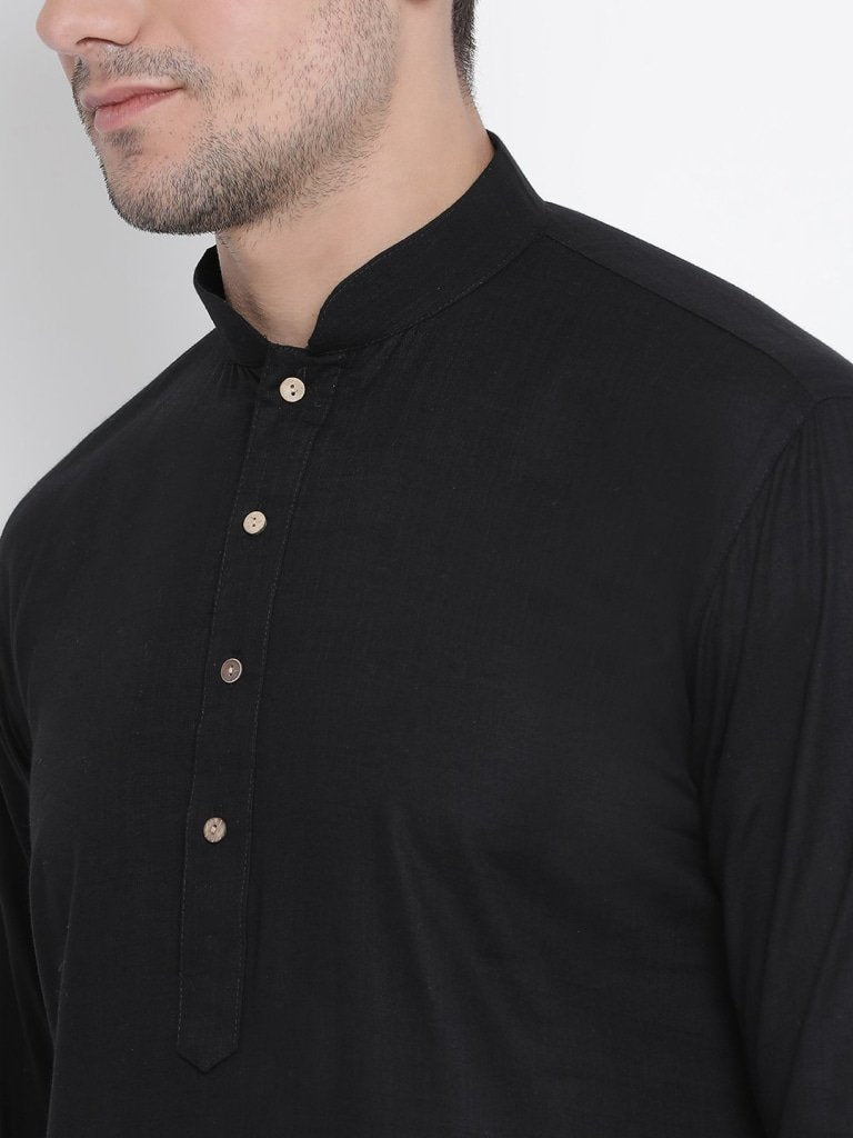 Men's Black Cotton Linen Blend Kurta and Pyjama Set