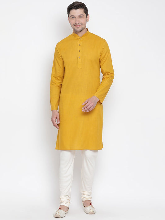 Men's Yellow Cotton Linen Blend Kurta and Pyjama Set