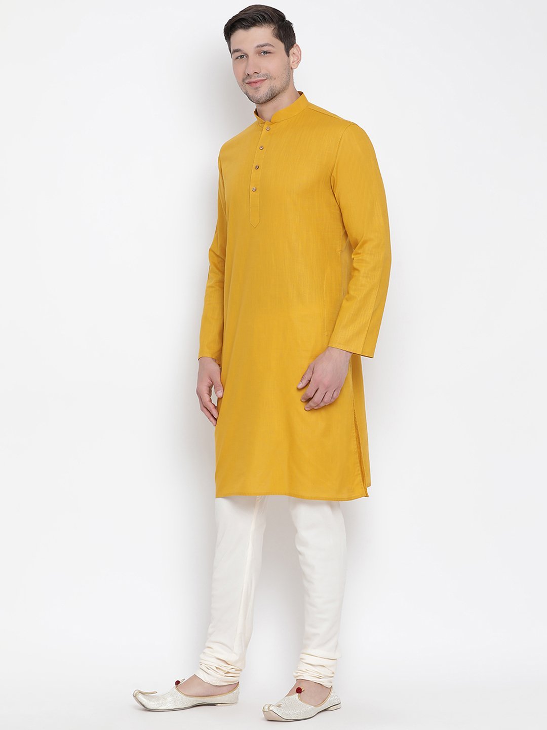 Men's Yellow Cotton Linen Blend Kurta and Pyjama Set