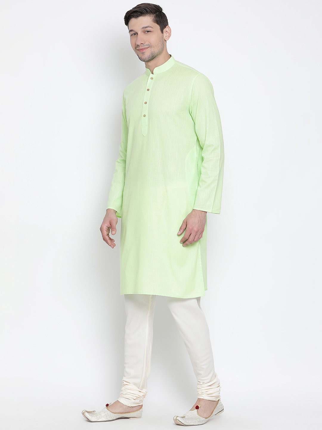 Men's Light Green Cotton Linen Blend Kurta and Pyjama Set