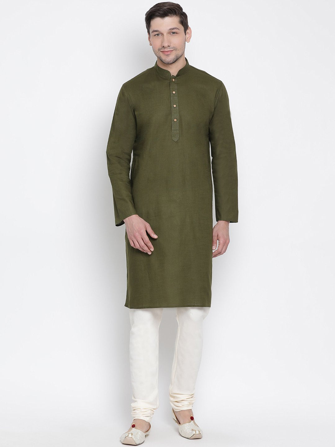 Men's Green Cotton Linen Blend Kurta and Pyjama Set