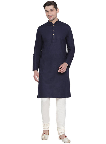 Men's Dark Blue Cotton Linen Blend Kurta and Pyjama Set