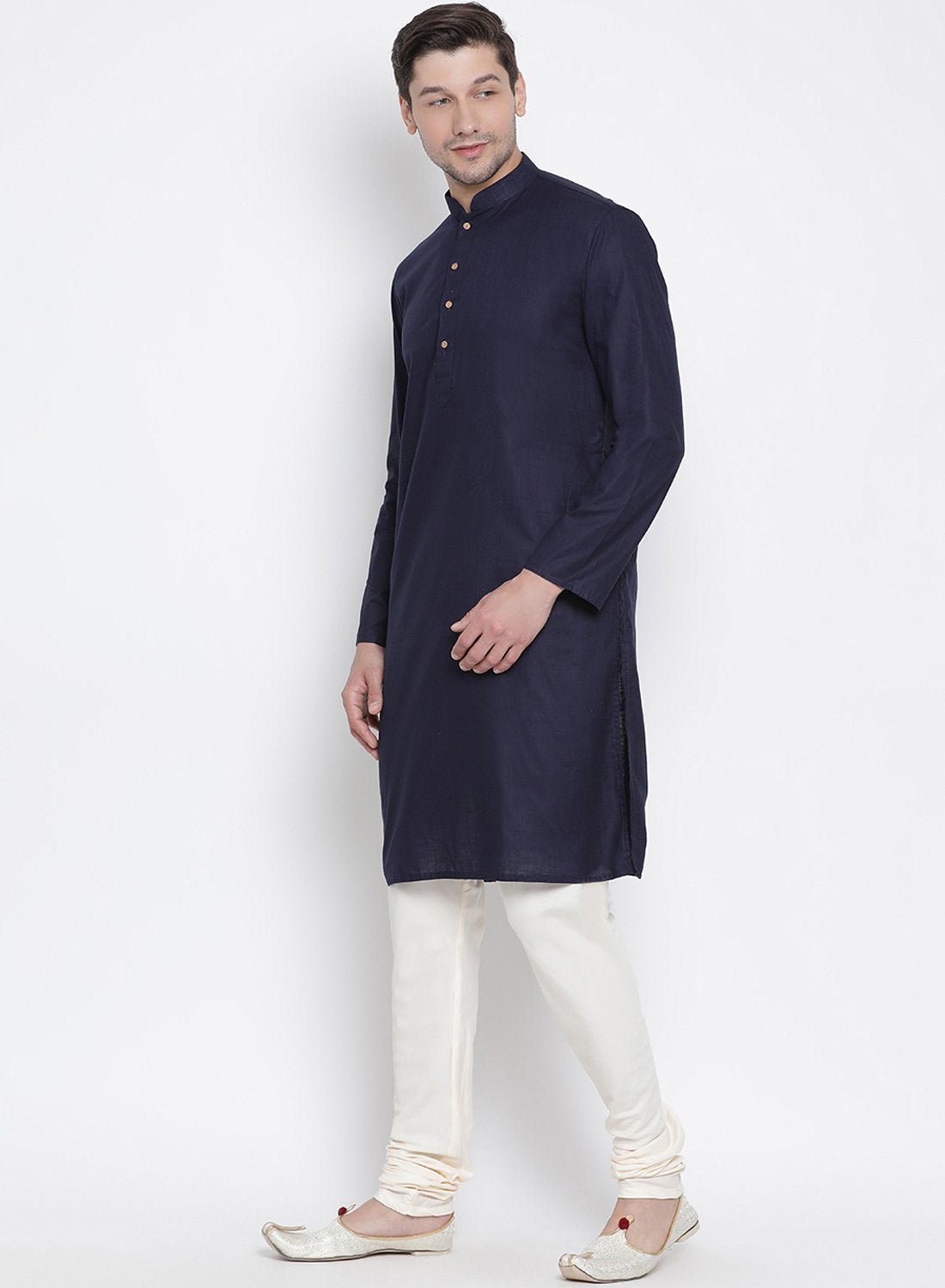 Men's Dark Blue Cotton Linen Blend Kurta and Pyjama Set