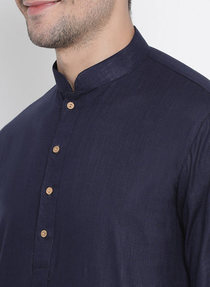 Men's Dark Blue Cotton Linen Blend Kurta and Pyjama Set