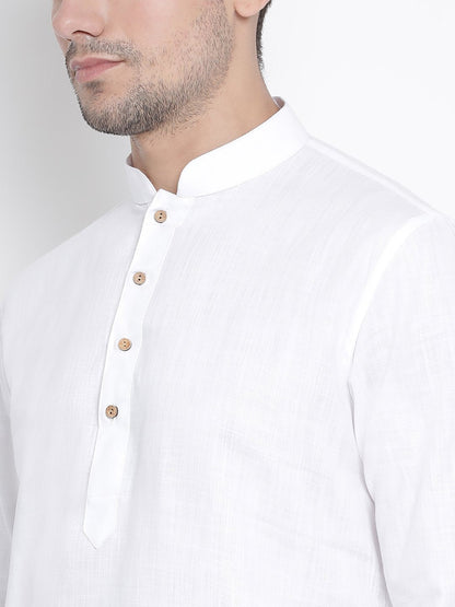 Men's White Cotton Linen Blend Kurta and Pyjama Set