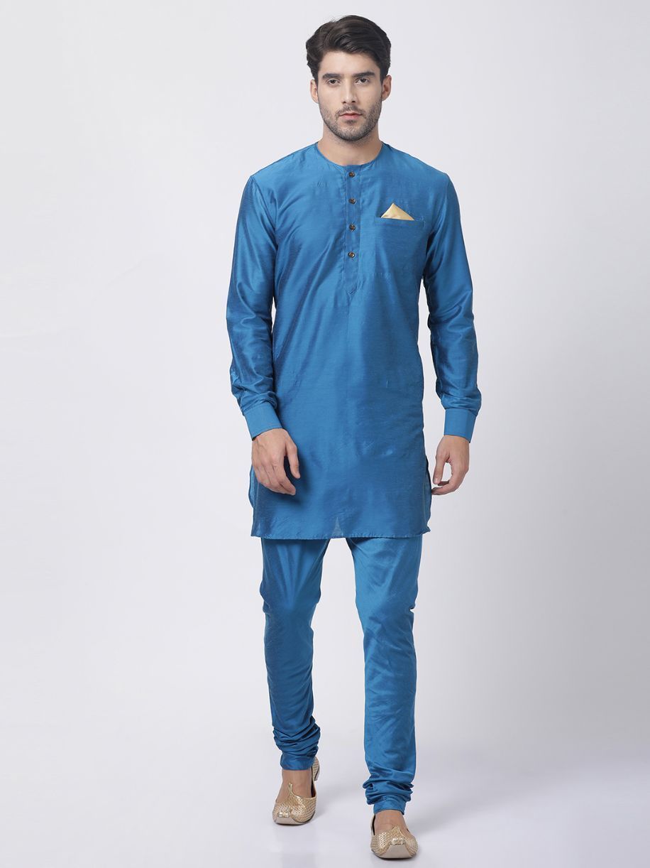 Men's Dark Blue Cotton Silk Blend Kurta and Pyjama Set