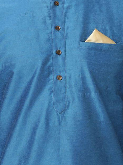 Men's Dark Blue Cotton Silk Blend Kurta and Pyjama Set