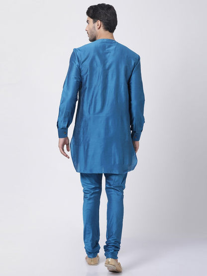 Men's Dark Blue Cotton Silk Blend Kurta and Pyjama Set