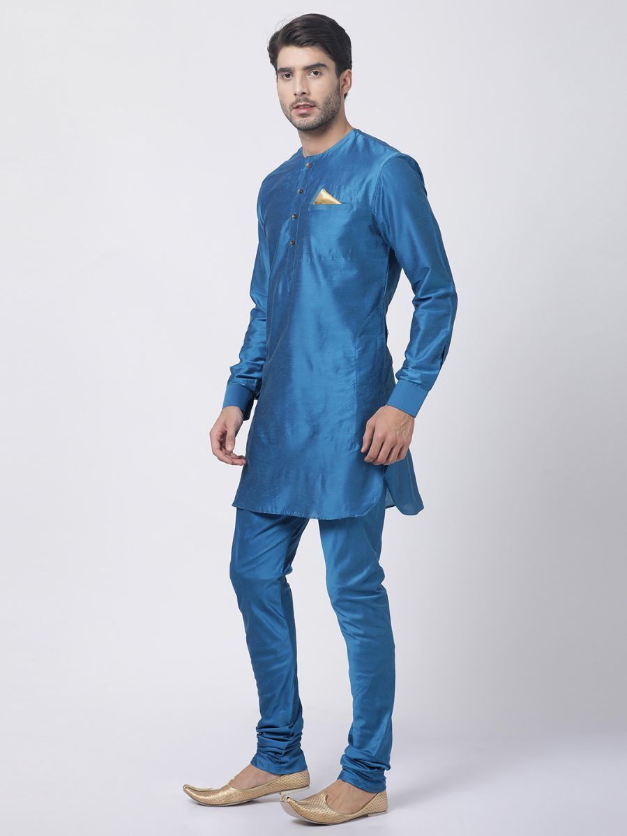 Men's Dark Blue Cotton Silk Blend Kurta and Pyjama Set