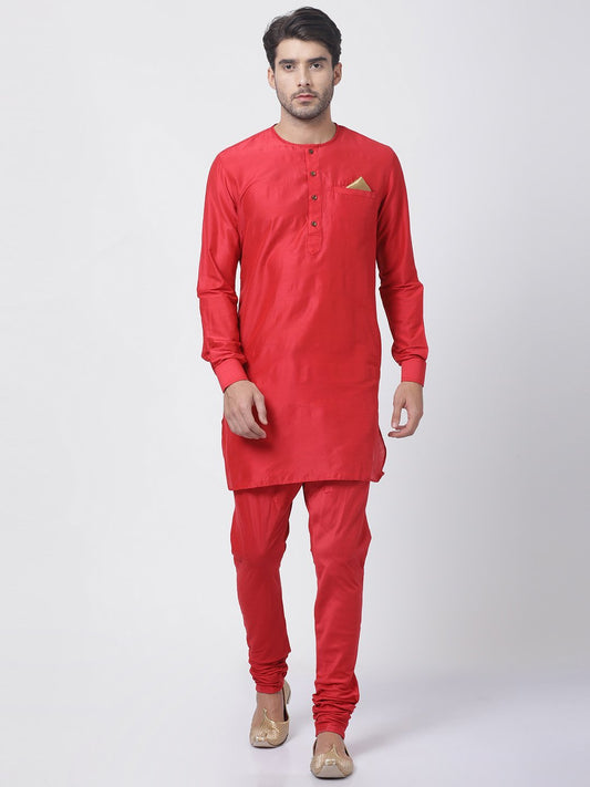 Men's Red Cotton Blend Kurta and Pyjama Set