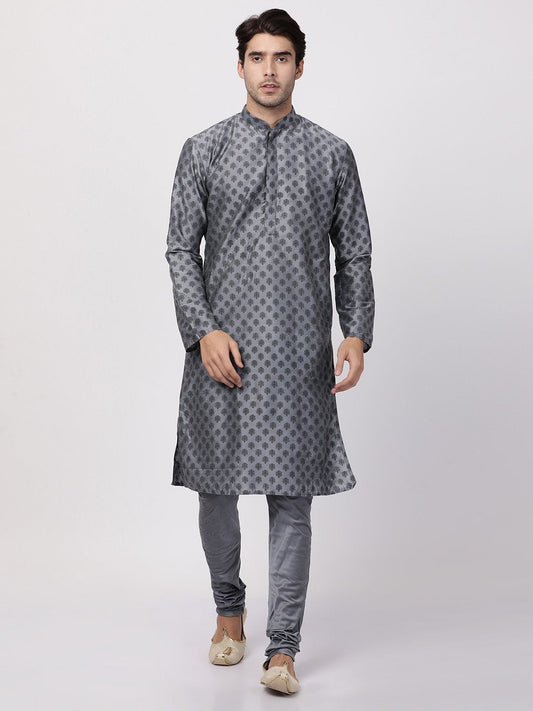 Men's Grey Cotton Silk Blend Kurta and Pyjama Set