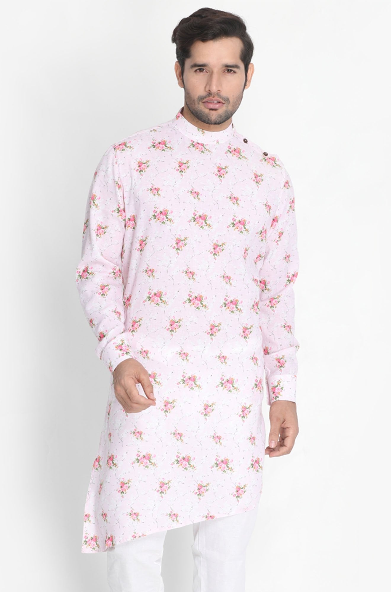 Men's Pink Linen Cotton Blend Kurta