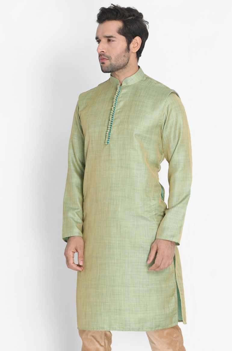 Men's Green Cotton Silk Blend Kurta