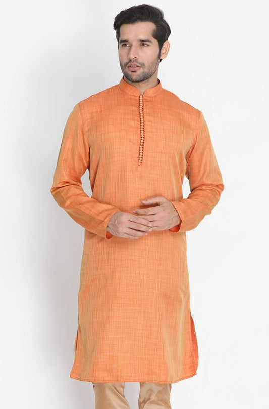 Men's Orange Cotton Silk Blend Kurta