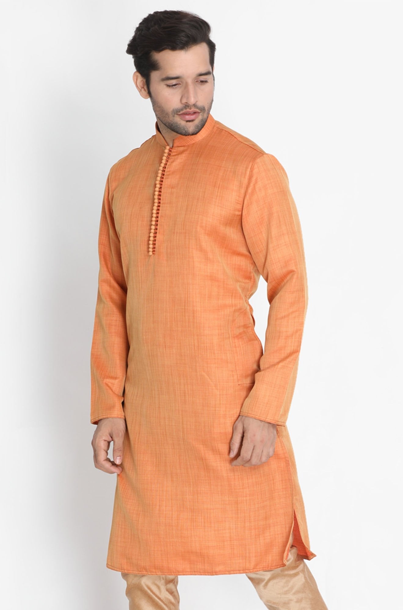 Men's Orange Cotton Silk Blend Kurta