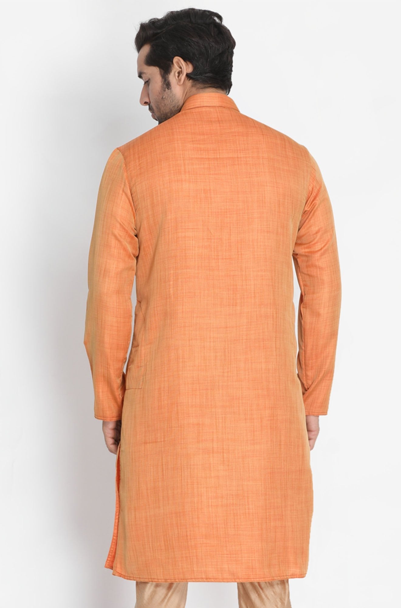 Men's Orange Cotton Silk Blend Kurta