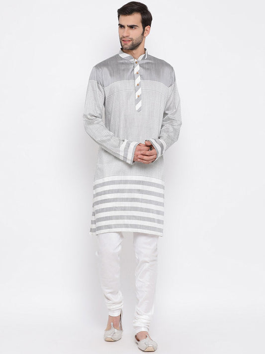 Men's Grey Cotton Blend Kurta and Pyjama Set