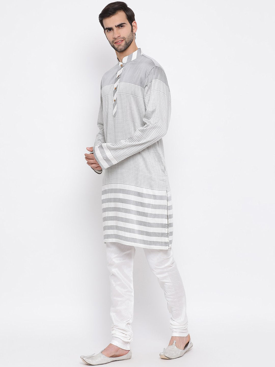 Men's Grey Cotton Blend Kurta and Pyjama Set