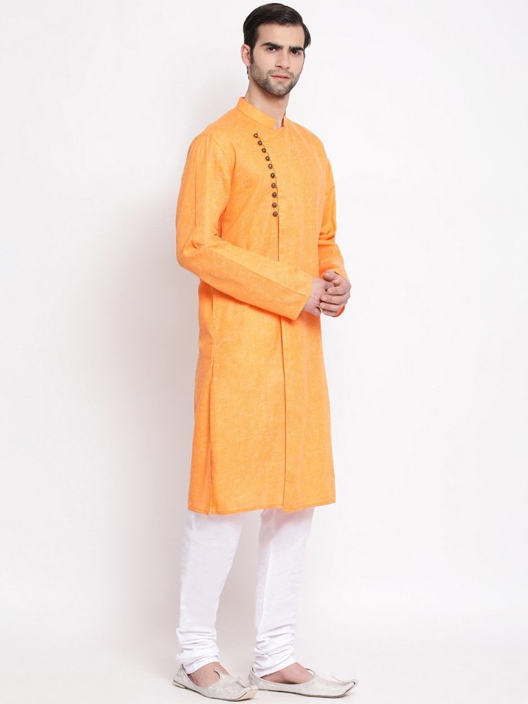 Men's Orange Mix Cotton Kurta and Pyjama Set