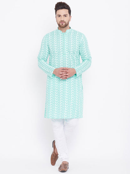 Men's Green and White Chikankari Kurta Pyjama Set