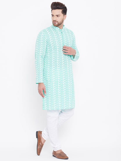 Men's Green and White Chikankari Kurta Pyjama Set