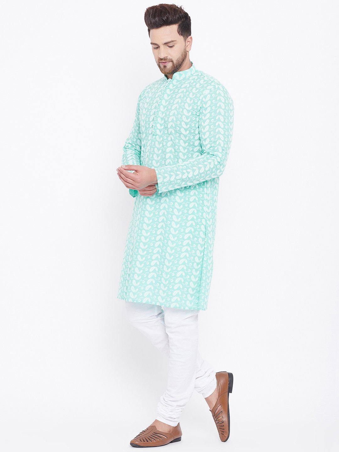 Men's Green and White Chikankari Kurta Pyjama Set