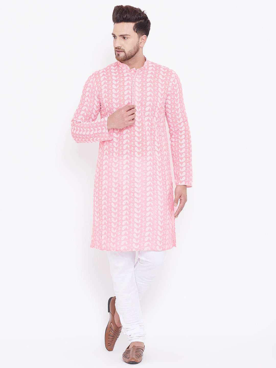 Men's Pink Pure Cotton Chikankari Kurta