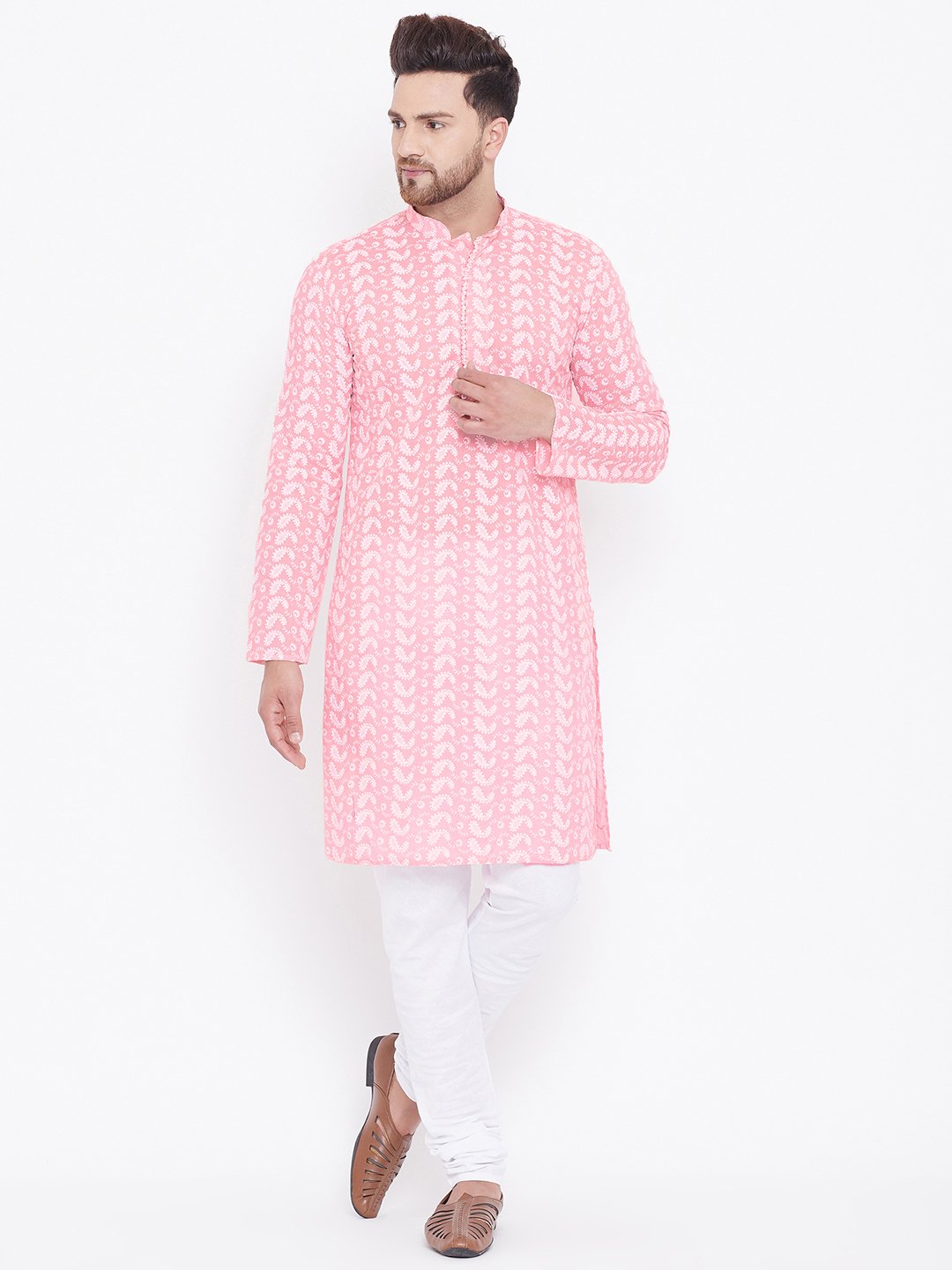 Men's Pink and White Chikankari Kurta Pyjama Set