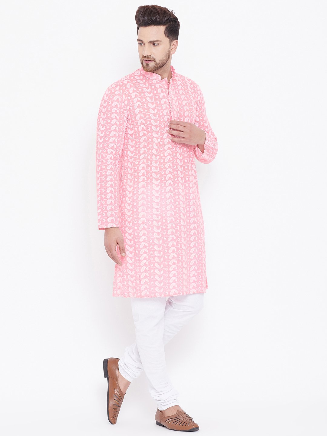 Men's Pink and White Chikankari Kurta Pyjama Set