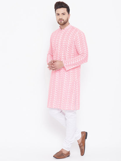 Men's Pink and White Chikankari Kurta Pyjama Set