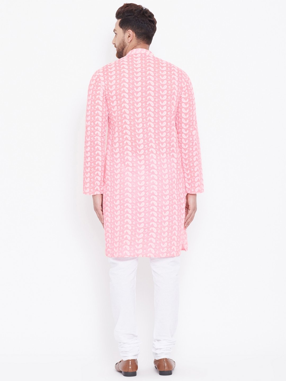 Men's Pink and White Chikankari Kurta Pyjama Set