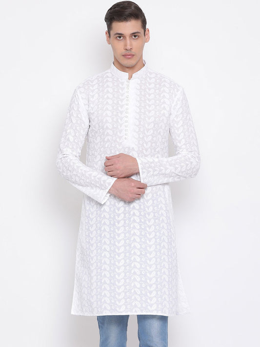 Men's White Pure Cotton Chikankari Kurta