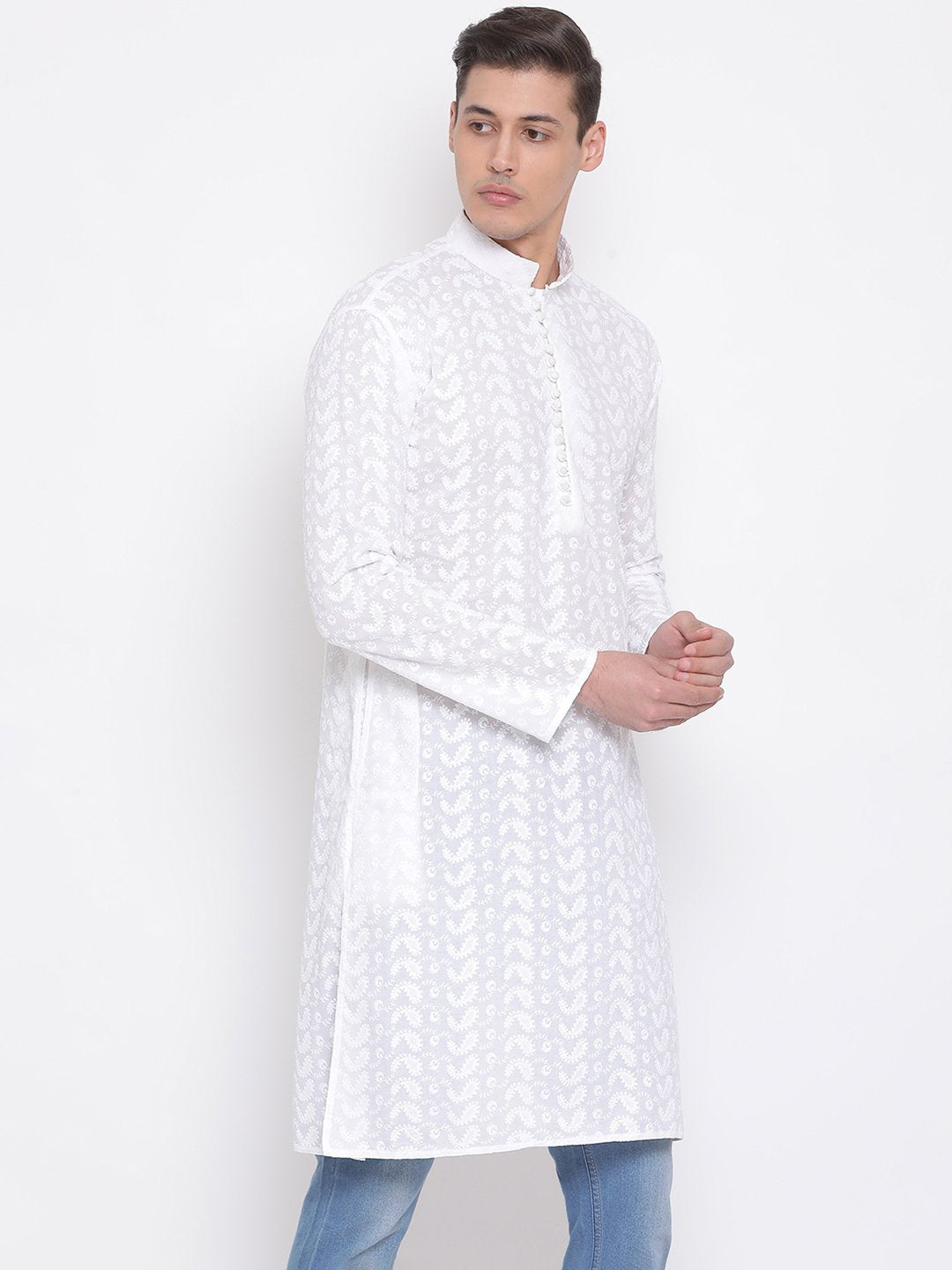 Men's White Pure Cotton Chikankari Kurta