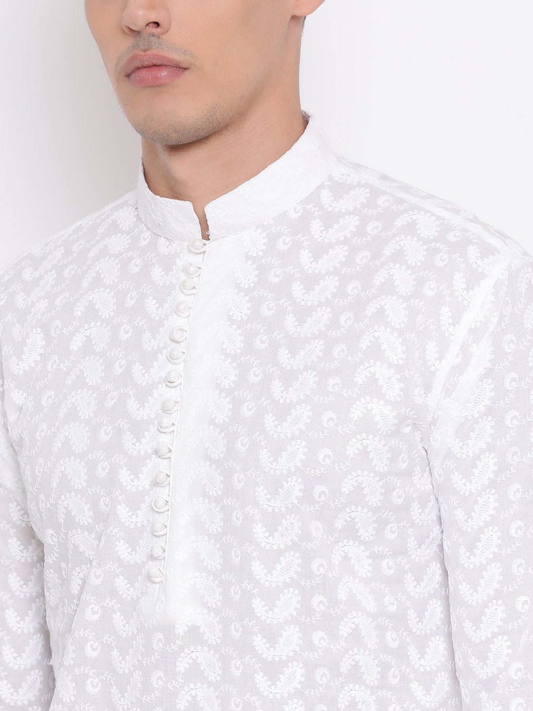 Men's White Pure Cotton Chikankari Kurta