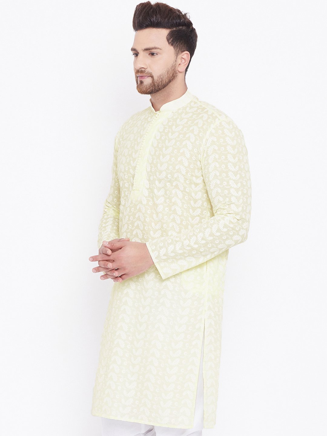 Men's Yellow Pure Cotton Chikankari Kurta