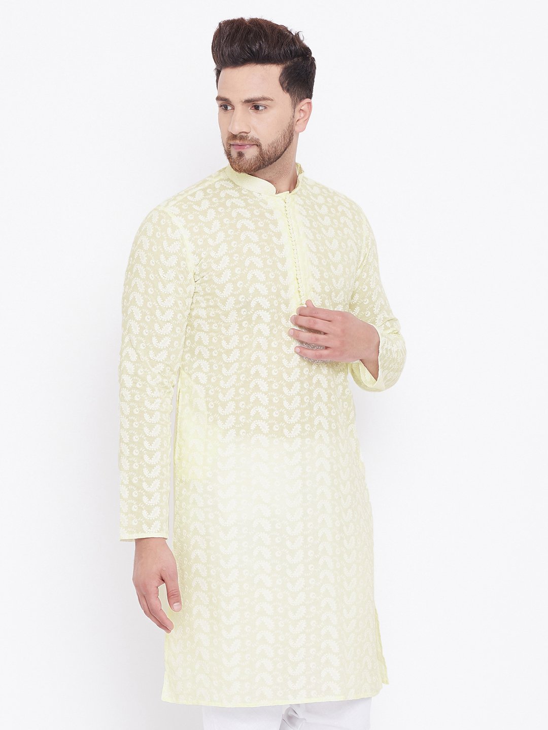 Men's Yellow Pure Cotton Chikankari Kurta