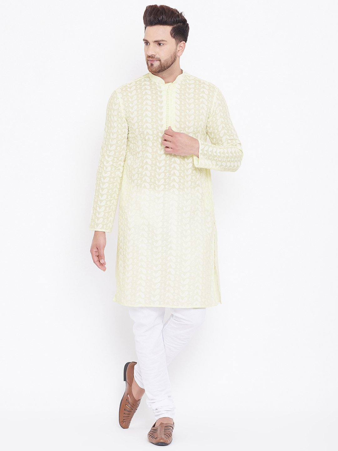 Men's Yellow Pure Cotton Chikankari Kurta