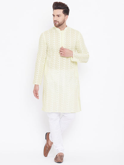 Men's Yellow Pure Cotton Chikankari Kurta