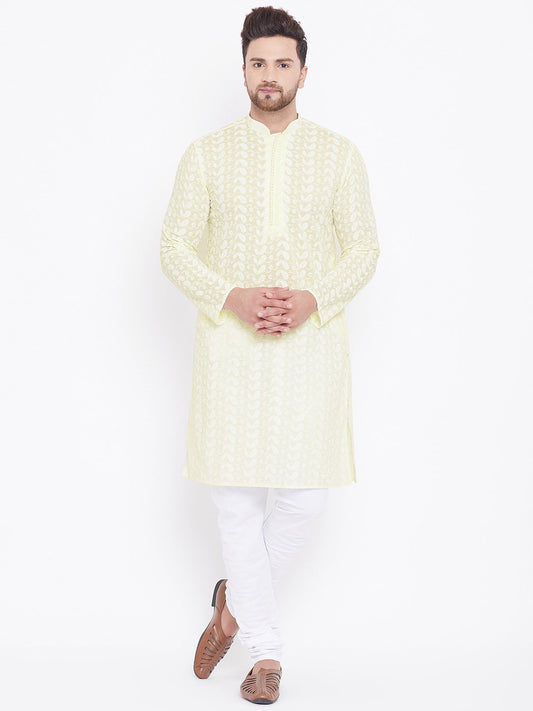 Men's Yellow and White Chikankari Kurta Pyjama Set