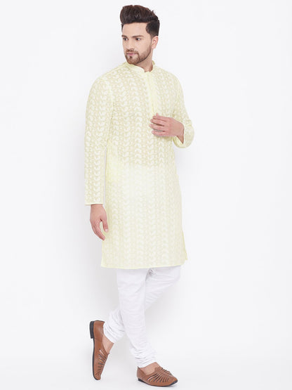 Men's Yellow and White Chikankari Kurta Pyjama Set