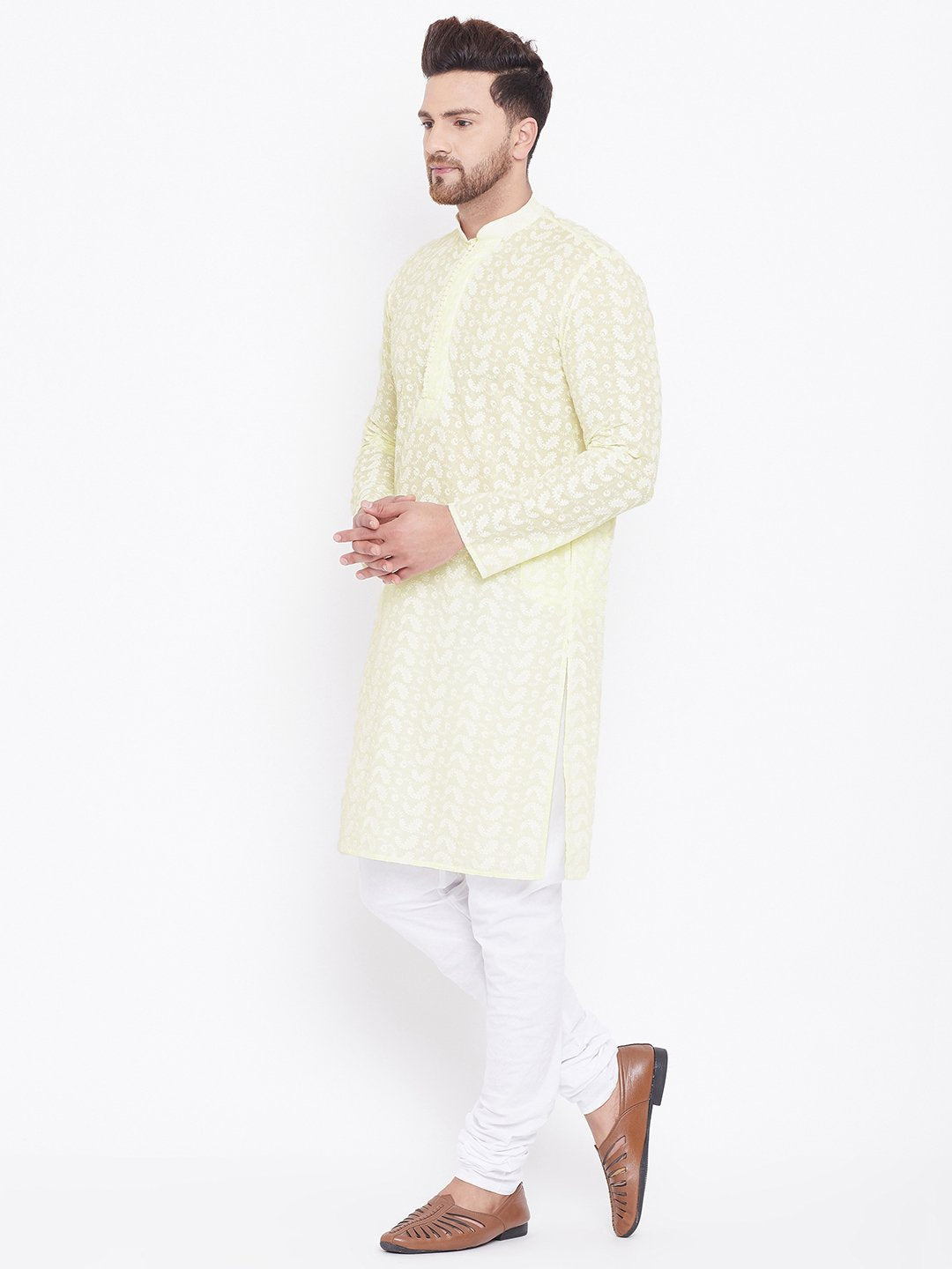 Men's Yellow and White Chikankari Kurta Pyjama Set