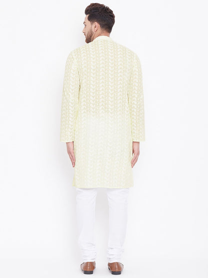 Men's Yellow and White Chikankari Kurta Pyjama Set