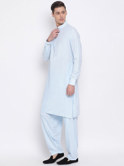 Men's Blue Cotton Blend Kurta and Pyjama Set