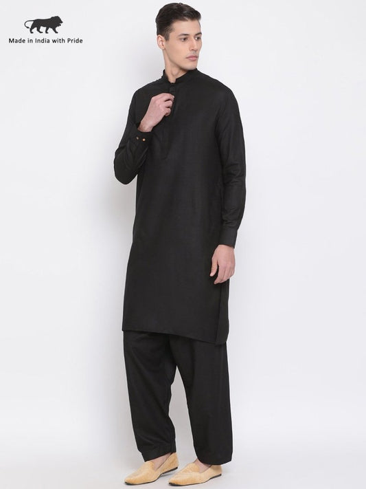 Men's Black Cotton Blend Kurta and Pyjama Set