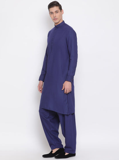 Men's Blue Cotton Blend Kurta and Pyjama Set