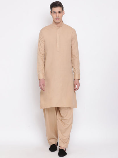 Men's Beige Cotton Blend Kurta and Pyjama Set