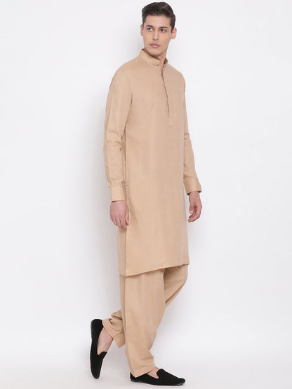 Men's Beige Cotton Blend Kurta and Pyjama Set